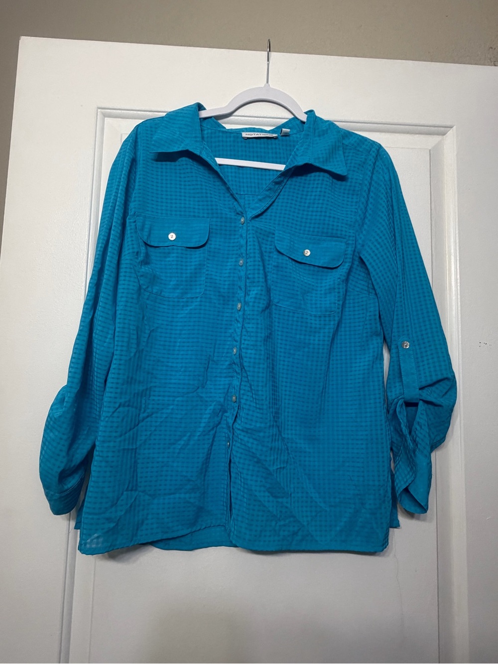 Notations Teal Button-Front Blouse with Chest Pockets